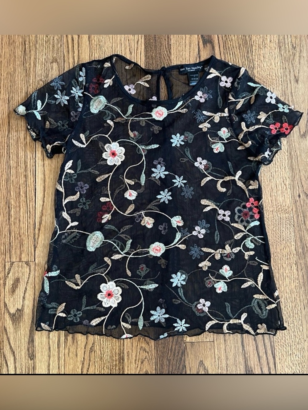 See You Monday Black Floral Embroidered Short Sleeve Top | S
